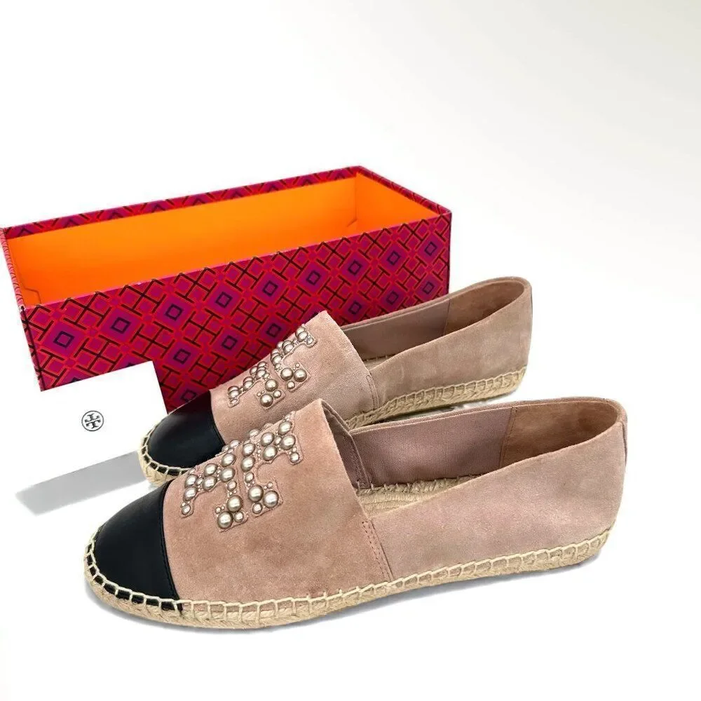 Tory Burch Pearl Logo Espadrille Flats Sensory MFO Suede Meadowsweet Womens 10